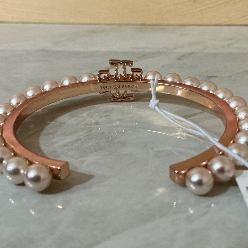 Tory Burch Logo Pearl and Rose Gold Tone Cuff Bracelet - Picture 6 of 6